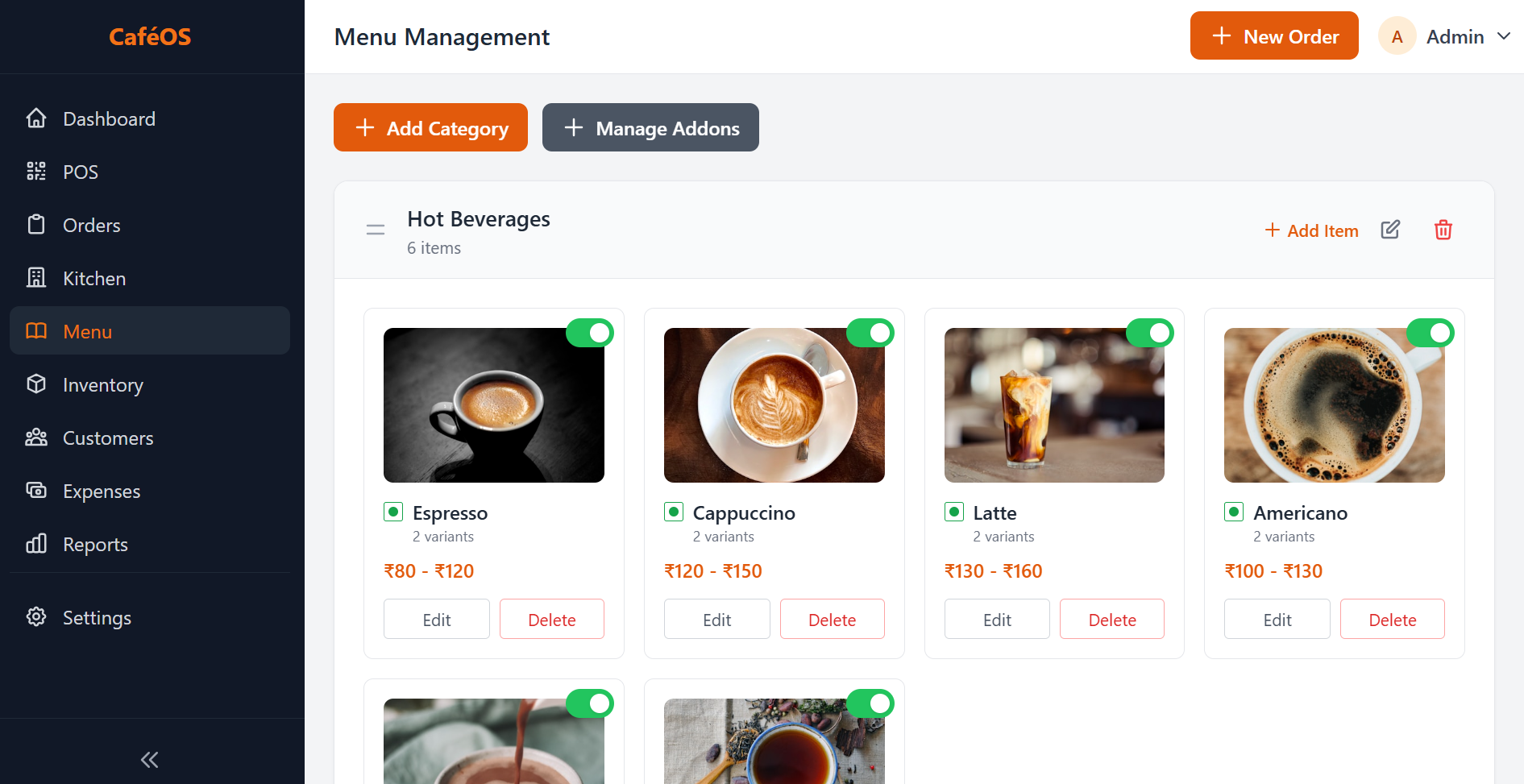 Menu editor with categories, item variants, pricing, veg/non-veg labels, and availability toggles.