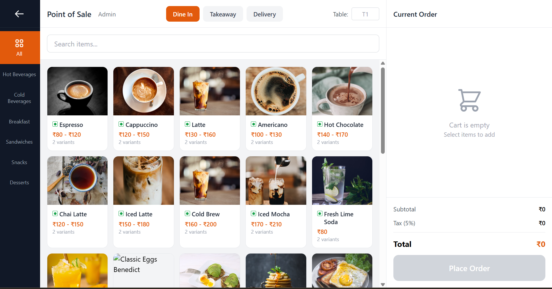 CafeOS POS interface showing menu categories, item selection, cart, and payment processing for dine-in and takeaway orders.