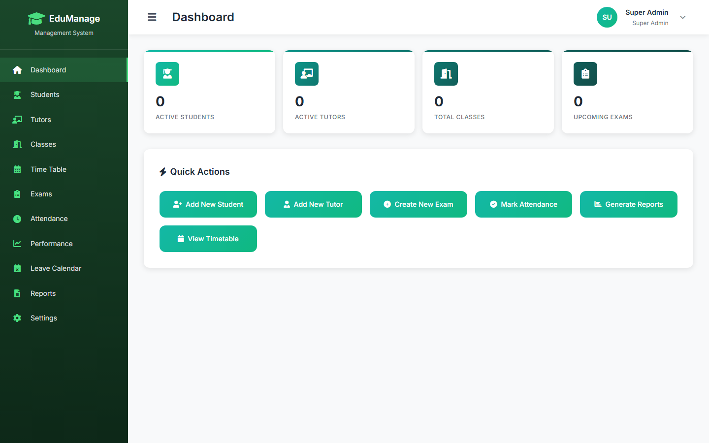 EduManage Pro dashboard showing enrolled students, today's attendance, upcoming exams, and class summaries.