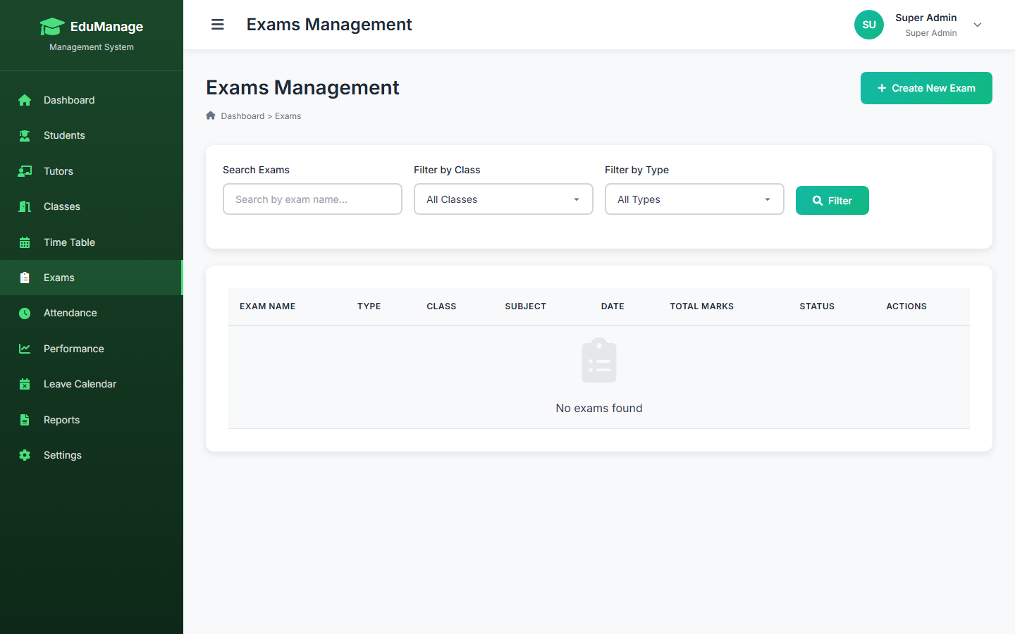 Exam results entry and grade analytics with pass/fail tracking and class rankings.