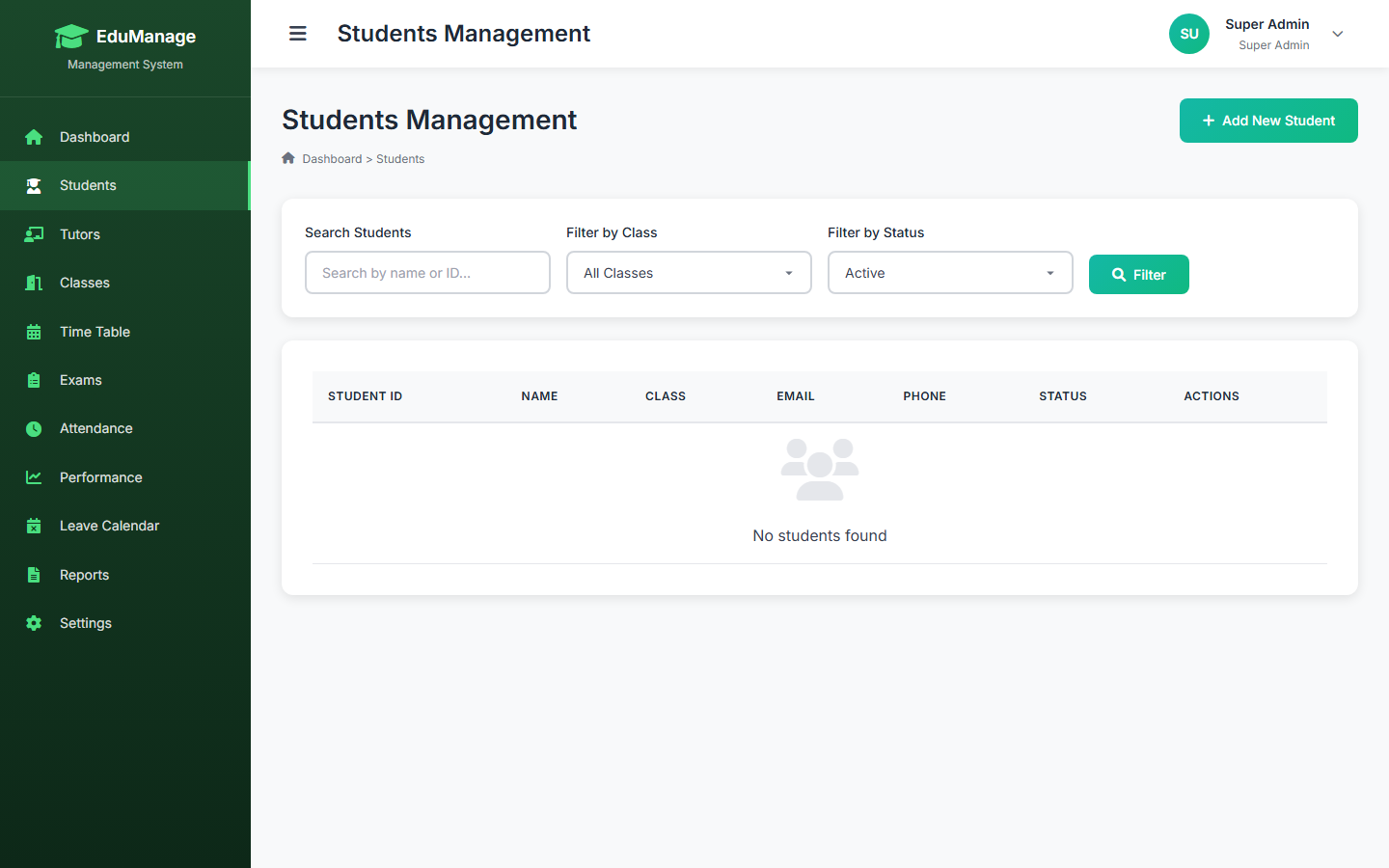 Student directory with profile photos, class assignment, and academic status.