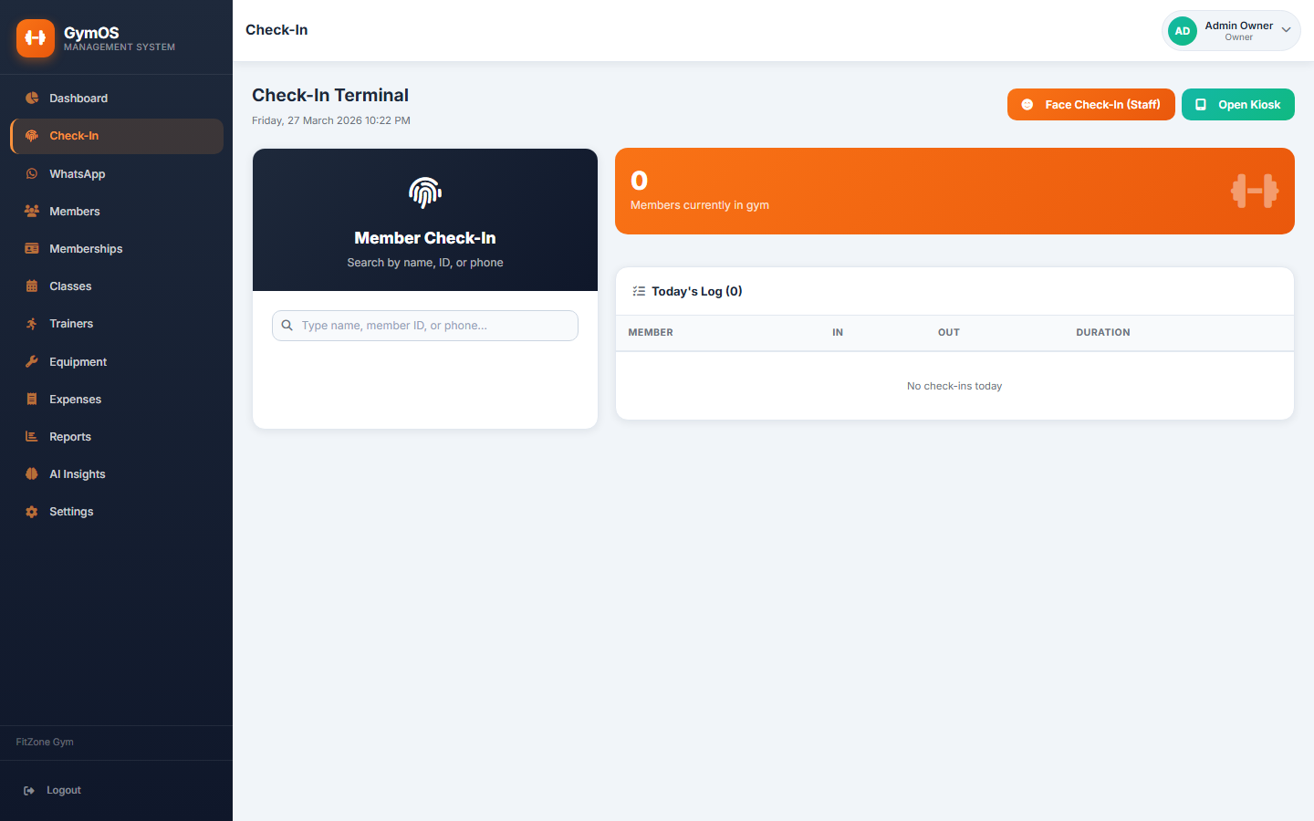 Daily check-in log with member search and real-time attendance.