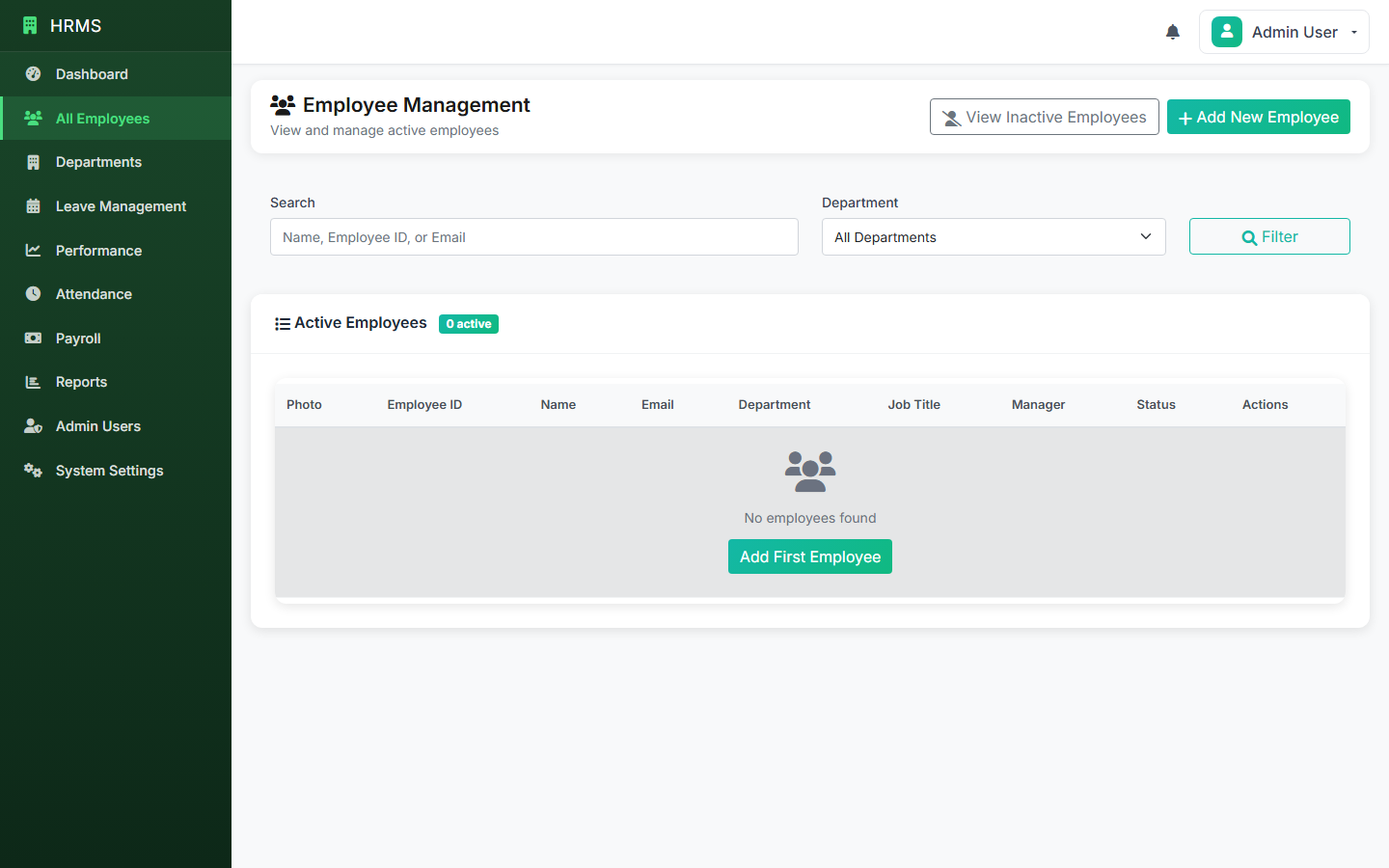 Searchable employee directory with department filters, status badges, and profile photos.