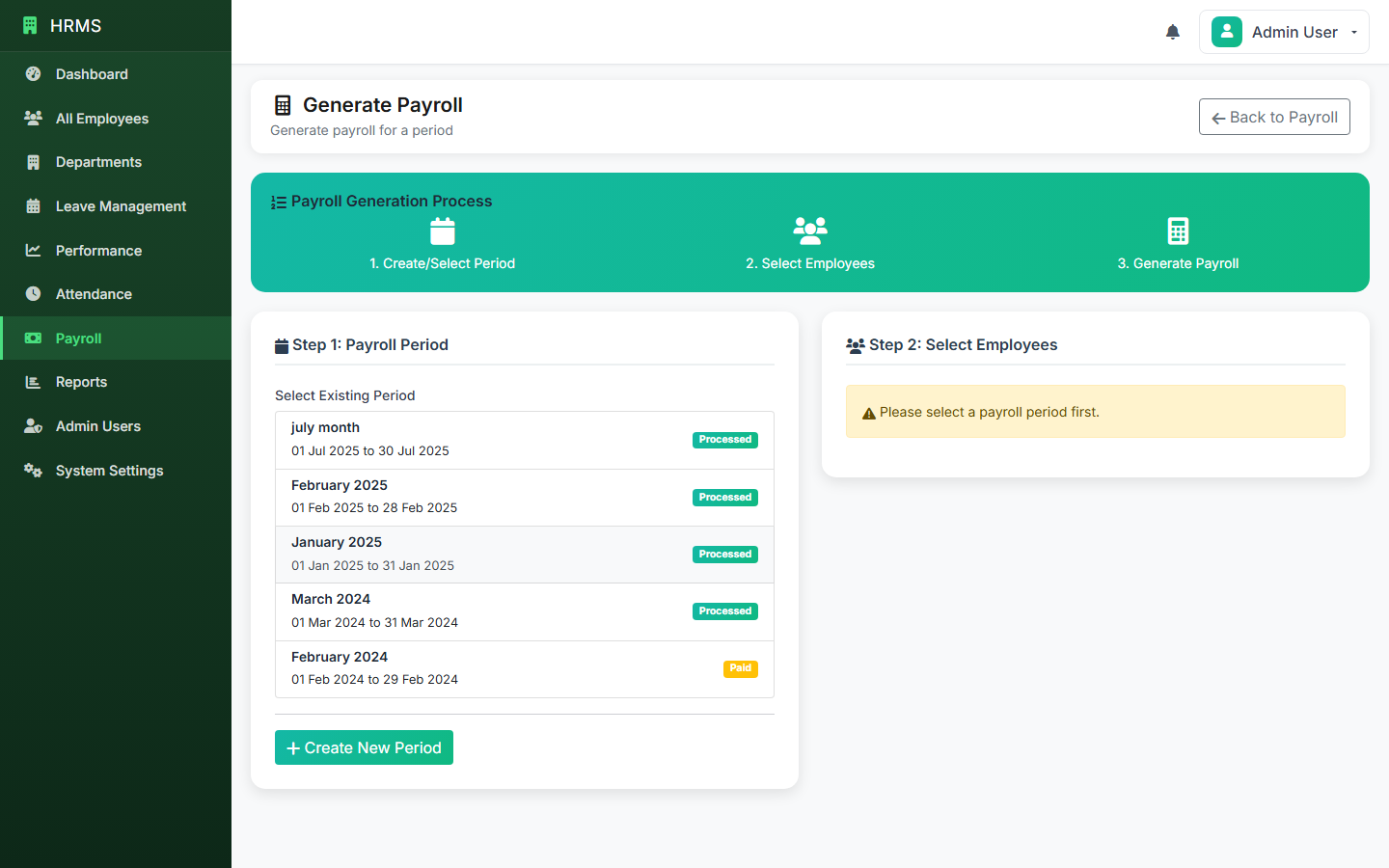 Payroll run with salary breakdown — basic pay, allowances, statutory deductions, and net pay per employee.