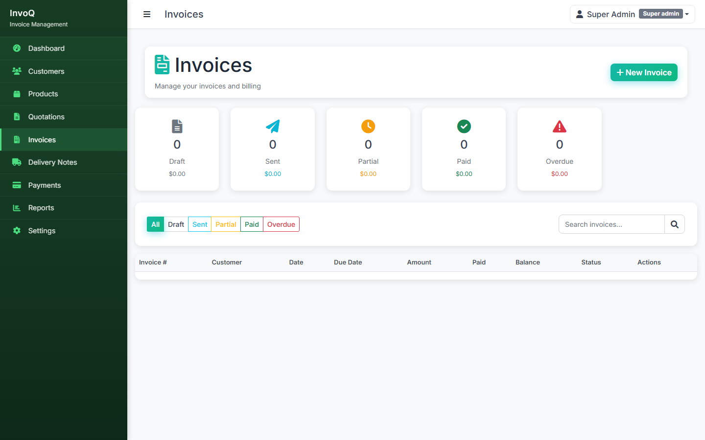 Invoice list showing invoice numbers, client names, amounts, due dates, and payment status — paid, pending, overdue.