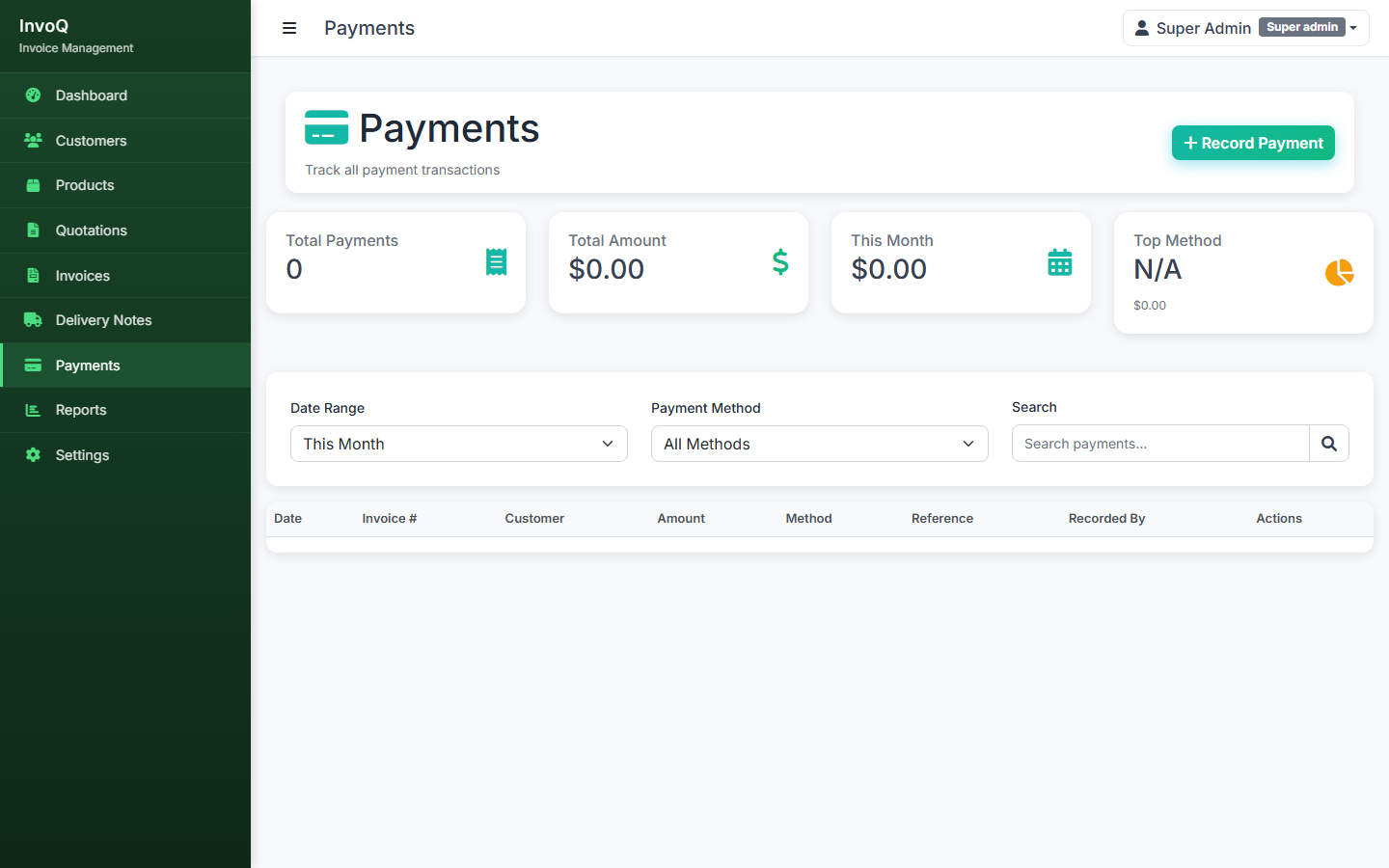 Payment records with partial payment support — track what's collected and what's still outstanding.