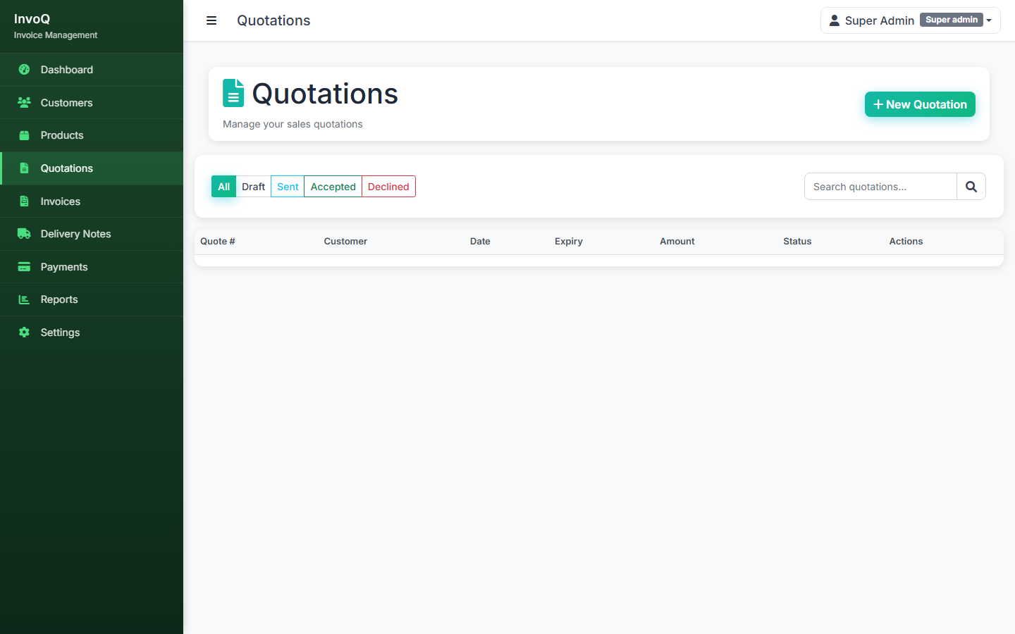 Quotation builder with line items, product catalog lookup, discounts, tax, and client-facing status tracking.
