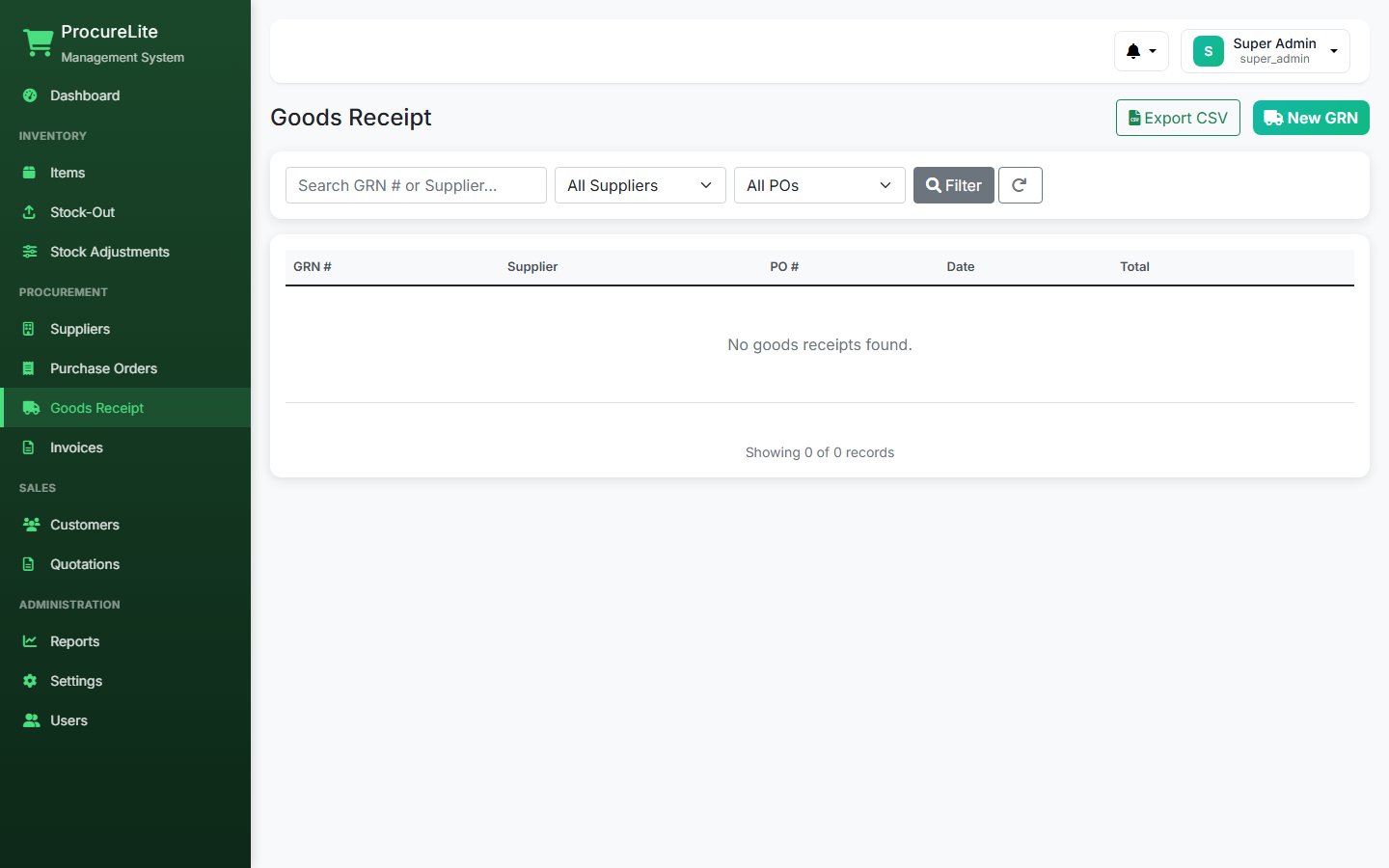 Goods receipt notes linked to purchase orders — auto-updates stock levels on confirmation.