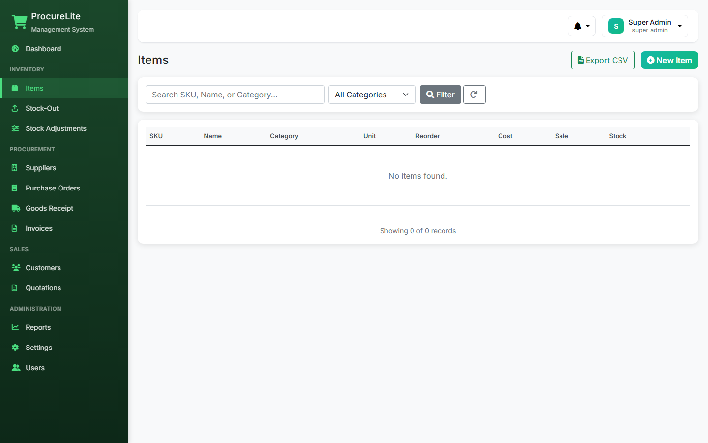 Inventory dashboard with current stock levels, reorder point alerts, and low-stock item highlights.