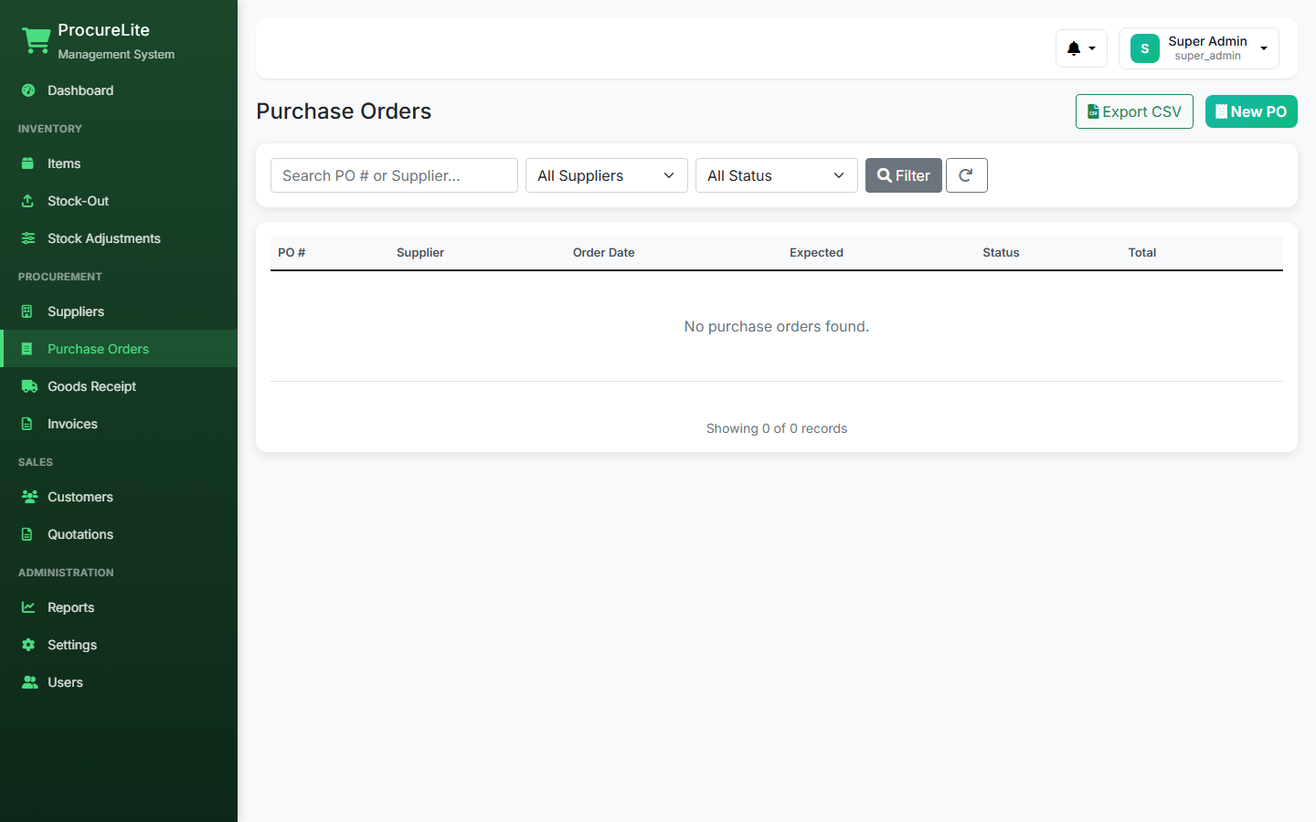 Purchase order list showing PO numbers, supplier names, order values, and approval workflow status.
