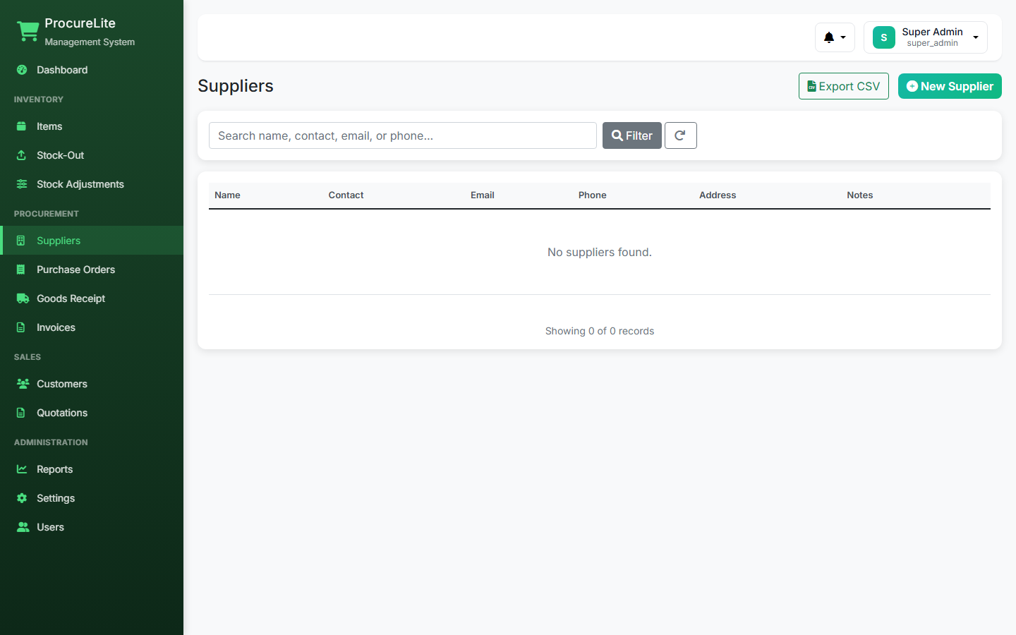 Supplier directory with category filters, payment terms, and order history per vendor.