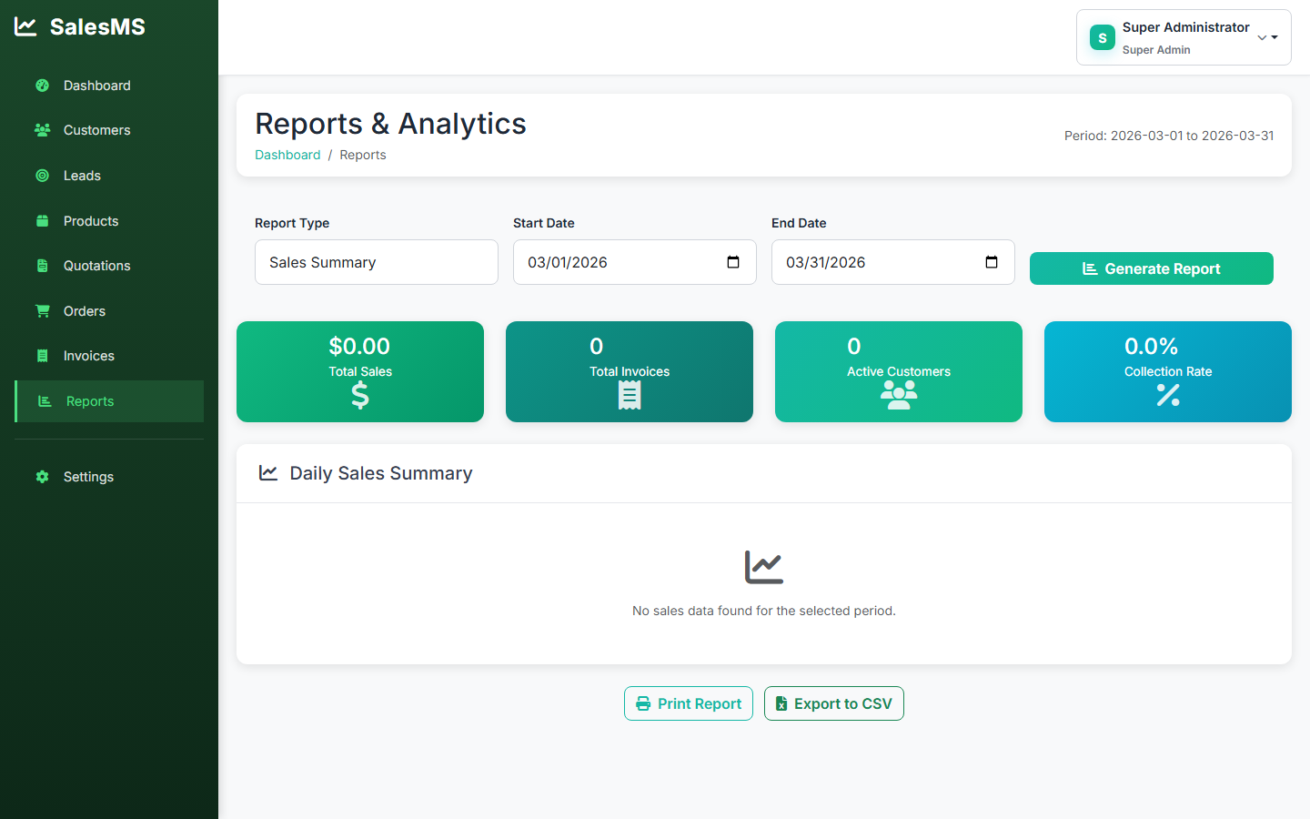 Revenue trend charts, pipeline breakdown by stage, win/loss rates, and overdue invoice tracking.